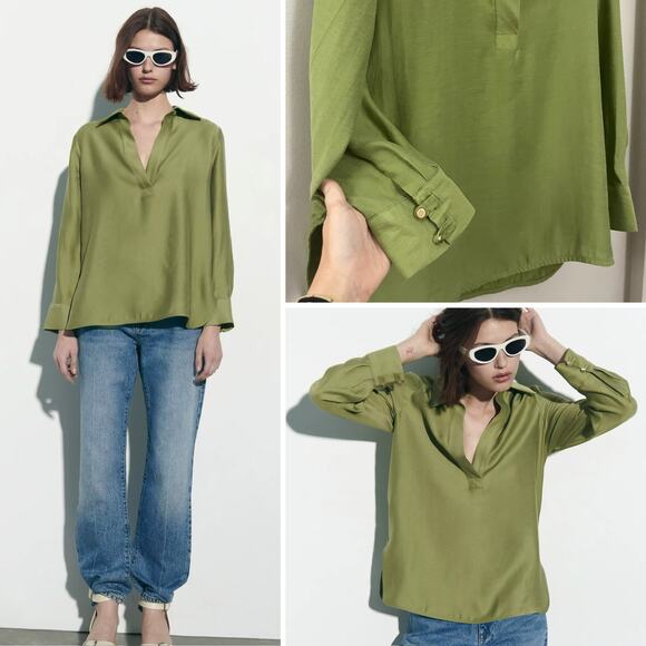 Zara Linen Feel Lagenlook Capsule Minimalist Olive Collared Oversized Top‎ M - Picture 1 of 13